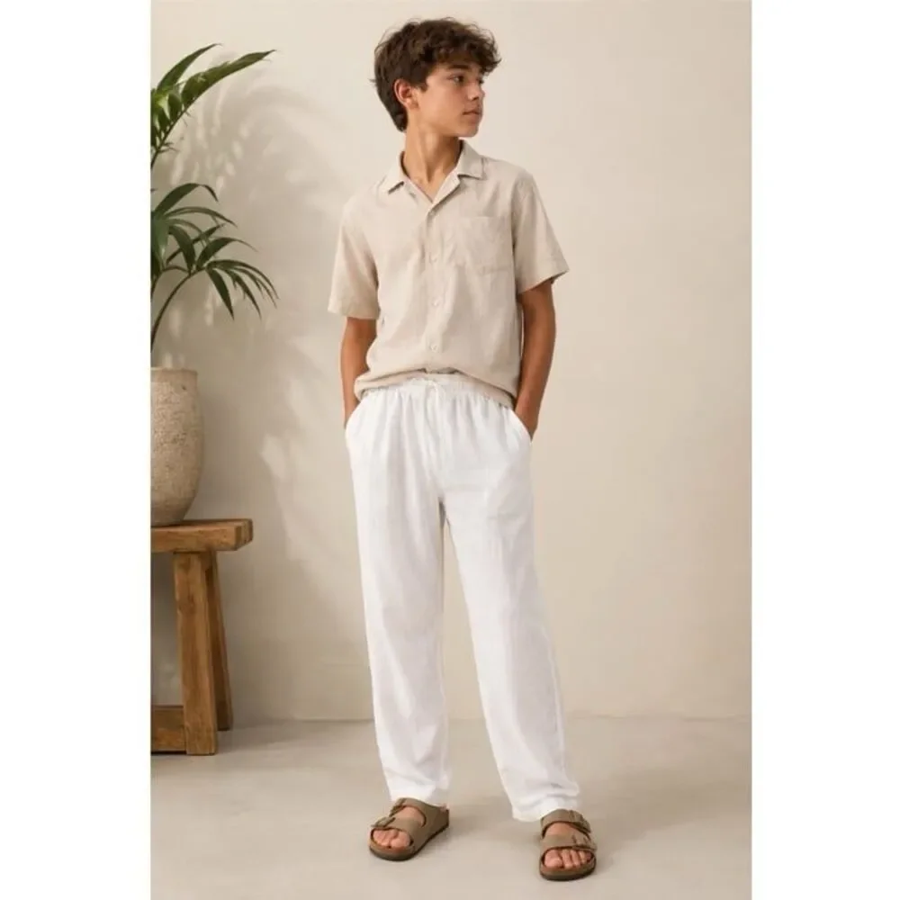 H&M Boys Relaxed Fit Linen Cotton Pants White Size 14+